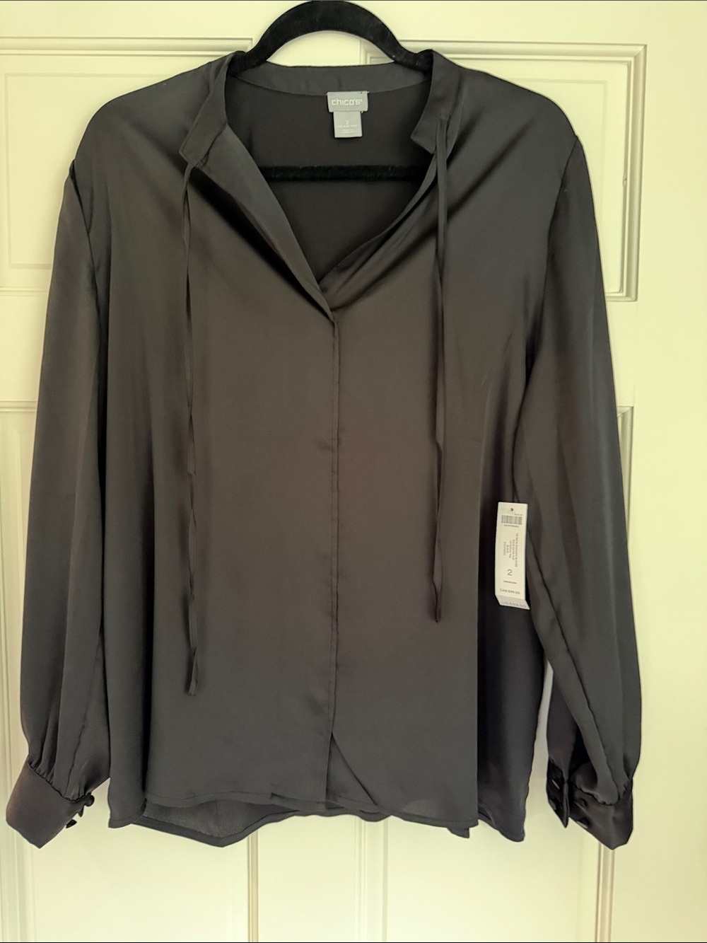 Chico's Charcoal Black Tie-Neck Long Sleeve Blouse